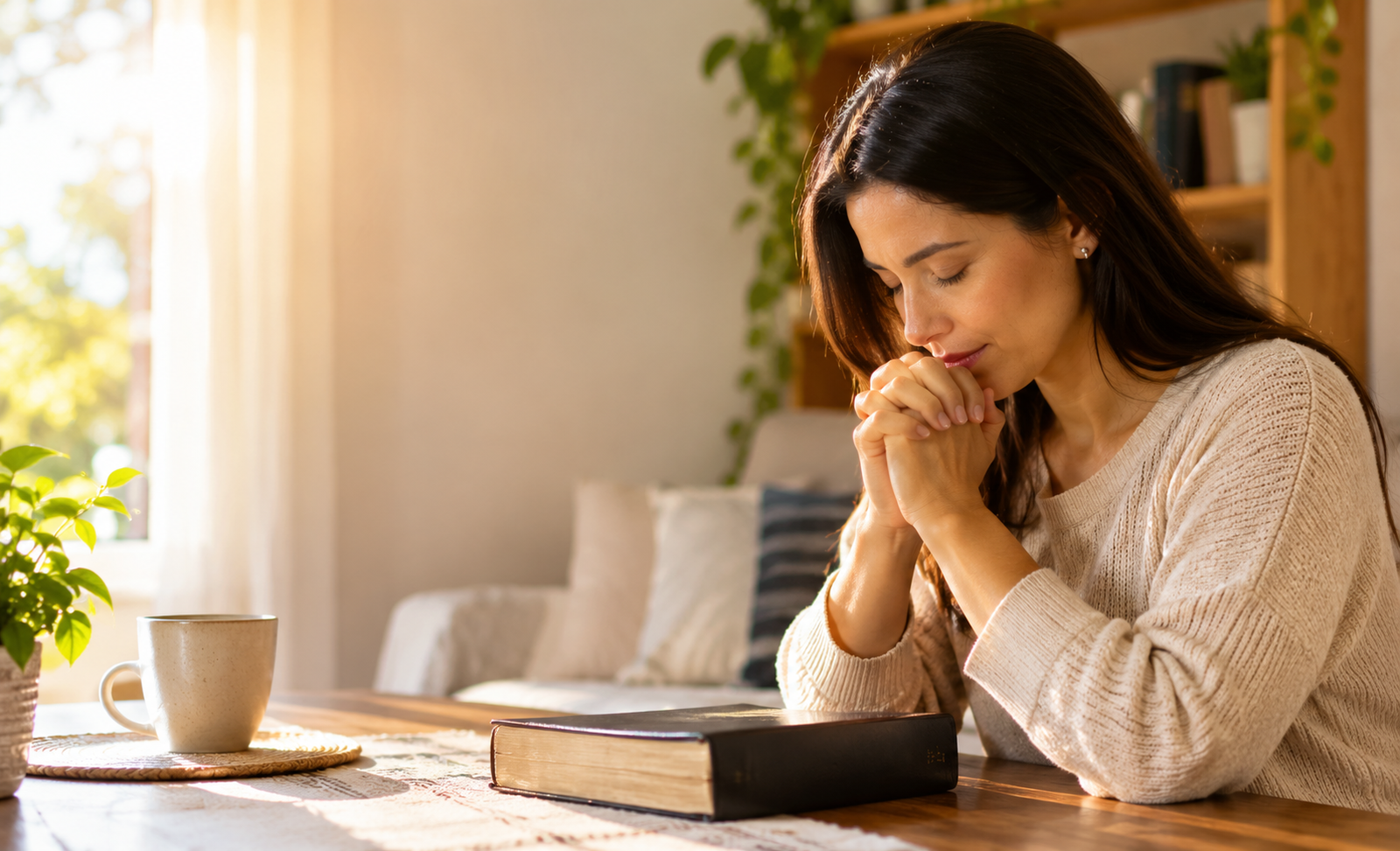 Pessoa em oração pela manhã, pedindo a Deus proteção e sabedoria para começar o dia.