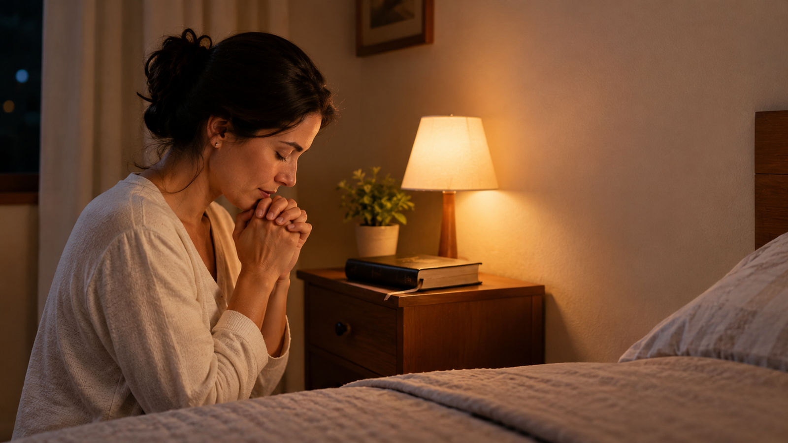 Pessoa rezando ao lado da cama antes de dormir, pedindo a Deus proteção e paz para a noite.