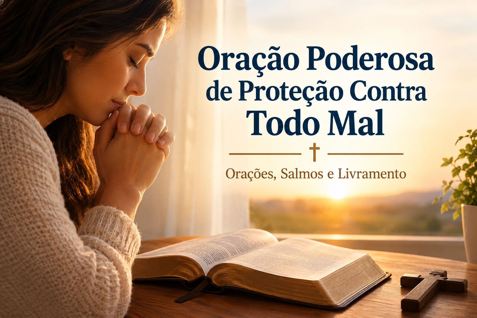 Pessoa rezando ao lado de uma Bíblia aberta em um ambiente tranquilo.