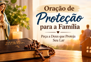 Oração de proteção para a família com Bíblia Sagrada, terço e imagem de Nossa Senhora, pedindo a Deus proteção para o lar.