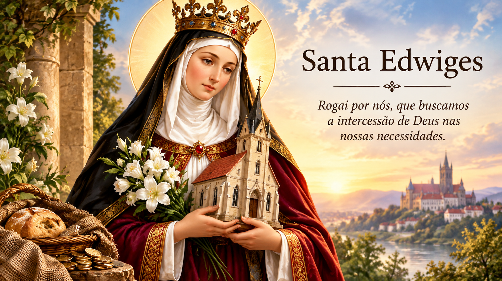 Imagem devocional de Santa Edwiges com coroa e vestes tradicionais, em uma representação religiosa católica.