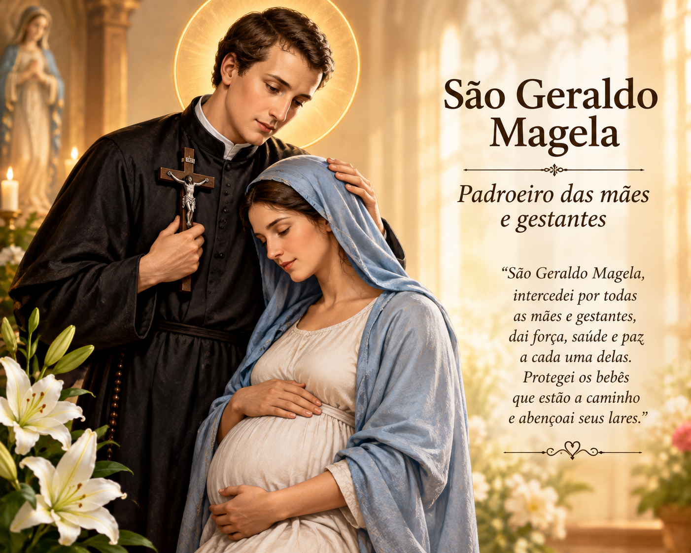 Imagem devocional de São Geraldo Magela em representação religiosa católica, para oração pelas mães e gestantes.
