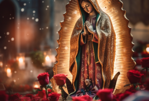 Imagem de Nossa Senhora de Guadalupe com manto azul-esverdeado, estrelas e raios dourados.