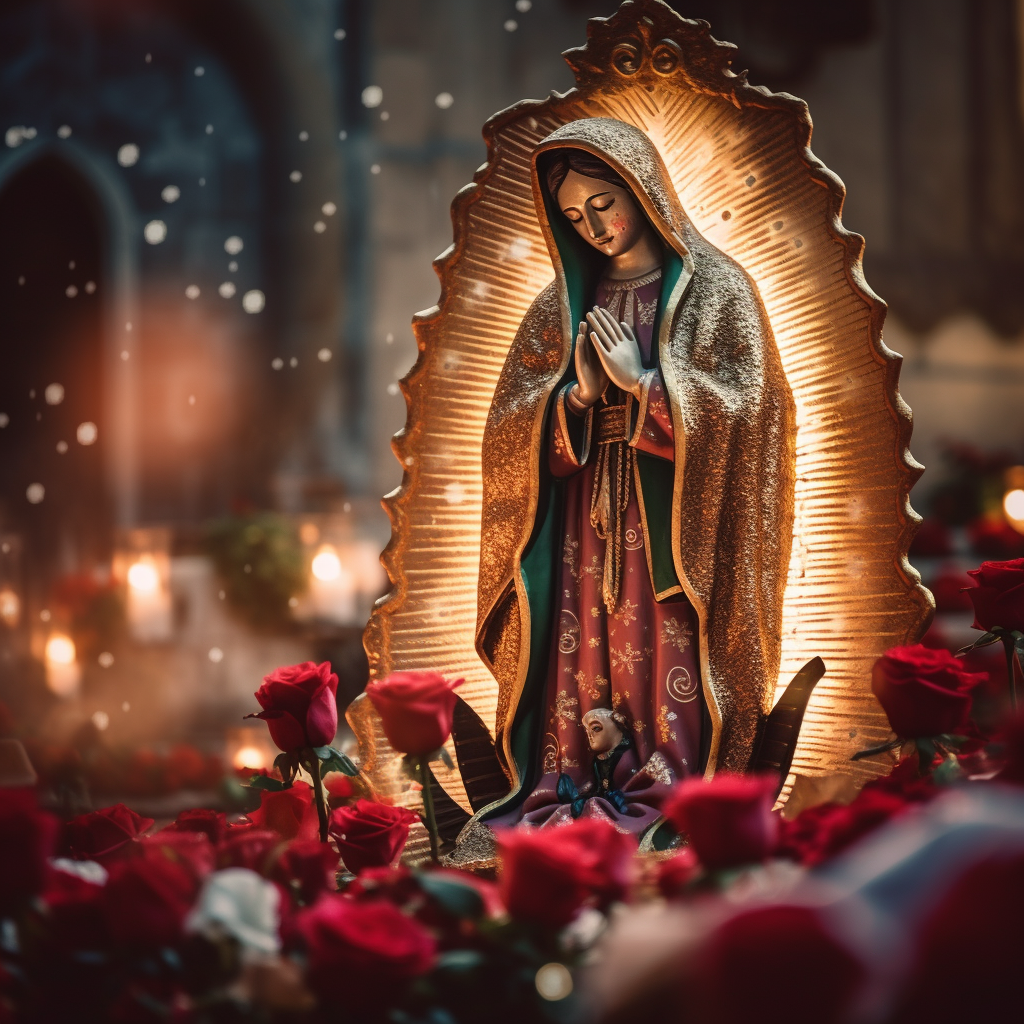 Imagem de Nossa Senhora de Guadalupe com manto azul-esverdeado, estrelas e raios dourados.